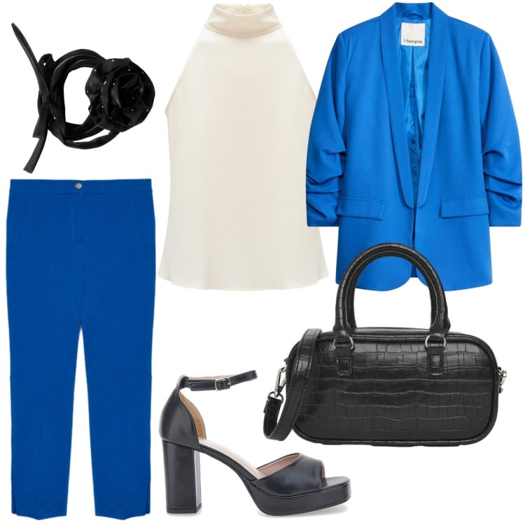 Outfit donna - Evento serale. Stile Glamour per Serata fuori. Abbinamento con blazer, collane, borse a tracolla, canottiere, pantaloni, décolleté.