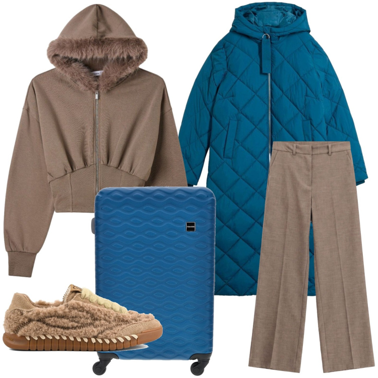Outfit donna - Weekend in montagna. Stile Casual per Tutti i giorni. Abbinamento con pantaloni, felpe con cappuccio, giacche, valigie, sneakers.