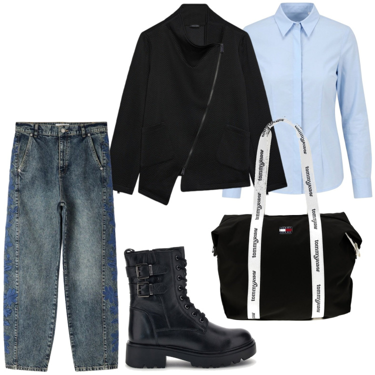 Outfit donna - Camicia passpartout. Stile Casual per Tutti i giorni. Abbinamento con jeans, camicie, felpe, shopping bag, anfibi.