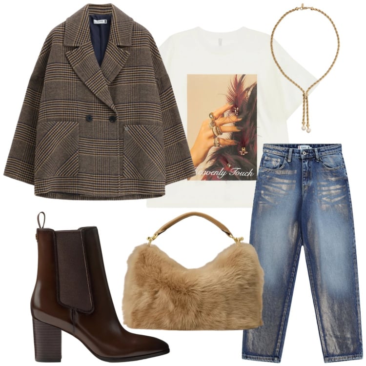 Outfit donna - Giacca oversize. Stile Basic per Tutti i giorni. Abbinamento con t-shirt, stivaletti, borse a mano, collane, blazer, jeans.