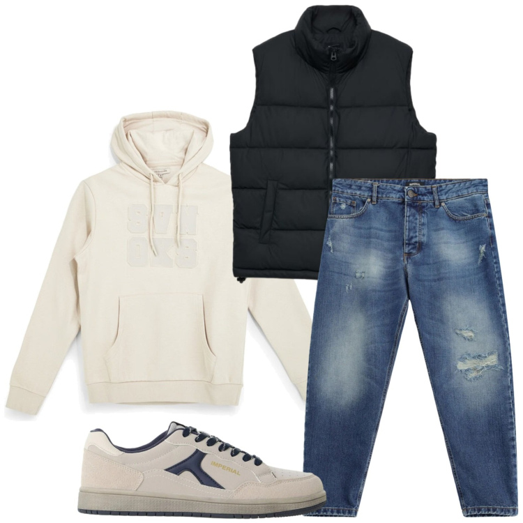 Outfit uomo - Gilet tecnico. Stile Casual per Tutti i giorni. Abbinamento con jeans strappati, sneakers, piumini, felpe con cappuccio.