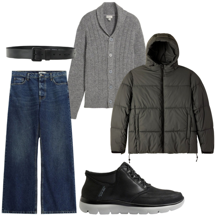 Outfit uomo - Denim look. Stile Trendy per Tutti i giorni. Abbinamento con jeans, cinture, bomber, cardigans, sneakers.