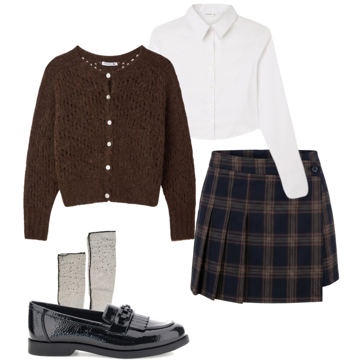 Outfit donna - Gilmore style. Stile Bon Ton per Scuola/Università. Abbinamento con camicie, cardigans, minigonne, calzini, mocassini.