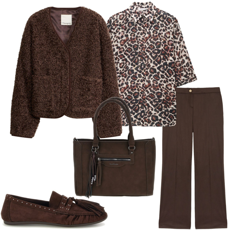 Outfit donna - Animalier. Stile Casual chic per Tutti i giorni. Abbinamento con pantaloni, camicie, blazer, mocassini, borse a spalla.