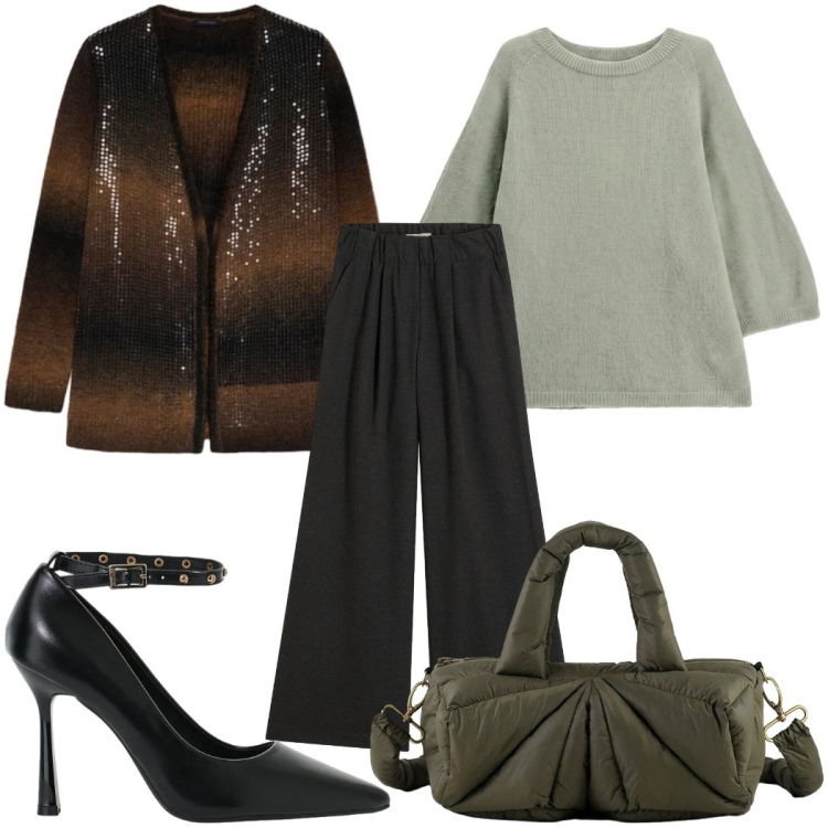 Outfit donna - Total look #2486291. Stile Casual chic per Tutti i giorni. Abbinamento con maglieria, décolleté, cardigans, borse a mano, pantaloni.