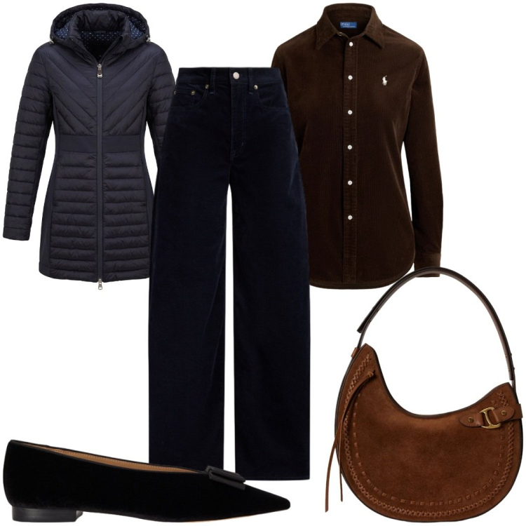 Outfit donna - Total look #2486292. Stile Casual chic per Tutti i giorni. Abbinamento con piumini, borse a spalla, camicie, pantaloni, ballerine.