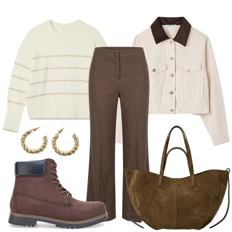 Outfit donna - Panna e marrone. Stile Basic per Tutti i giorni. Abbinamento con orecchini, pantaloni, borse tote, cappotti, maglieria, anfibi.