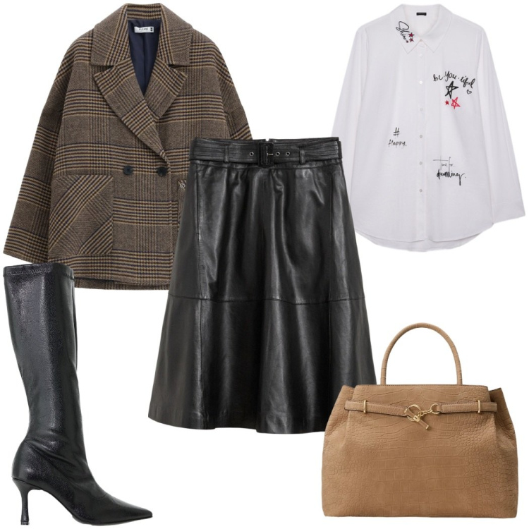 Outfit donna - Total look #2486296. Stile Trendy per Ufficio. Abbinamento con stivali, camicie, borse a mano, blazer, gonne.