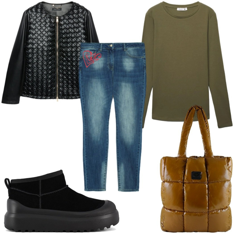 Outfit donna - Total look #2486297. Stile Casual per Tutti i giorni. Abbinamento con jeans skinny, blazer, shopping bag, t-shirt, stivali.