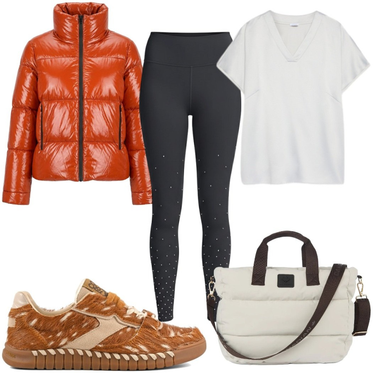 Outfit donna - Total look #2486298. Stile Trendy per Sport. Abbinamento con t-shirt, piumini, borse tote, leggings, sneakers.
