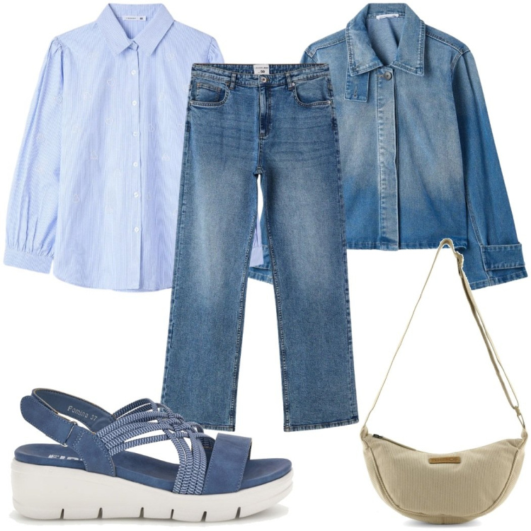 Outfit donna - Total look #2486300. Stile Casual per Tutti i giorni. Abbinamento con cappotti, jeans dritti, camicie, borse a tracolla, sandali.