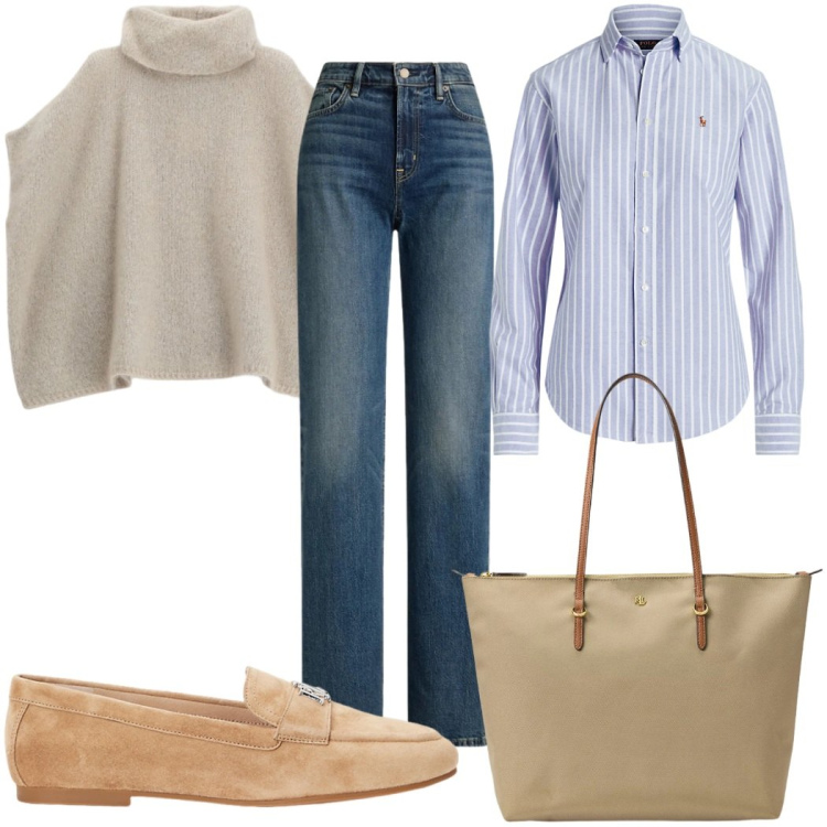Outfit donna - Total look #2486302. Stile Casual per Ufficio. Abbinamento con mocassini, camicie, borse tote, jeans dritti, maglieria.