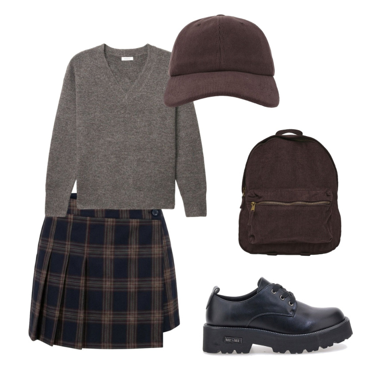 Outfit donna - Total look #2486303. Stile Preppy per Tutti i giorni. Abbinamento con minigonne, maglieria, zaini, cappelli con visiera, francesine.