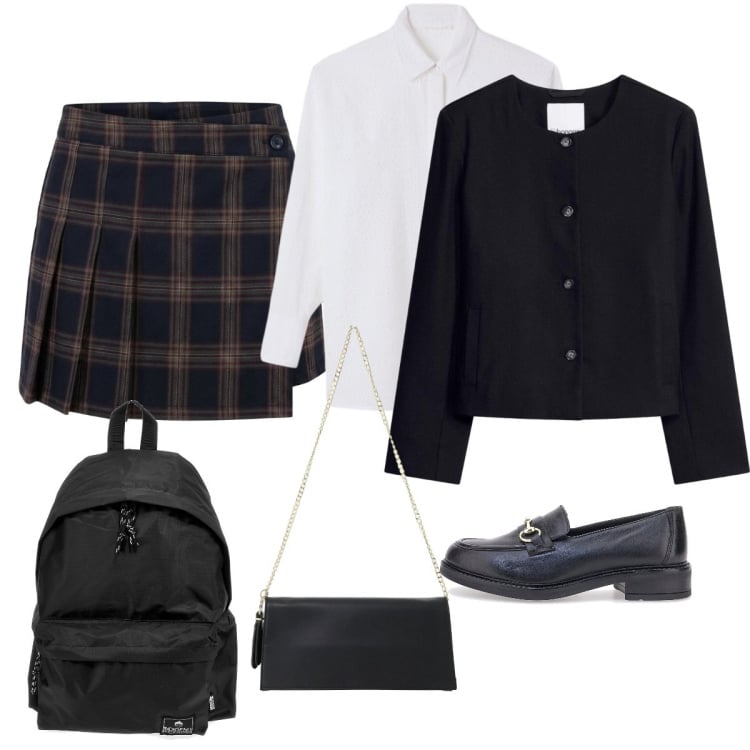 Outfit donna - Stile accademico e classico. Stile Preppy per Scuola/Università. Abbinamento con borse a tracolla, minigonne, camicie, mocassini, zaini, blazer.