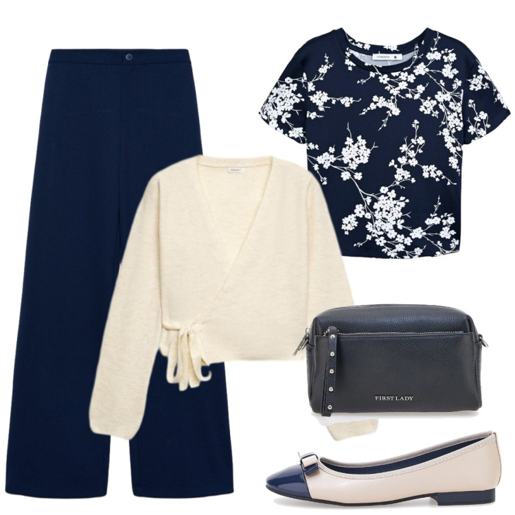 Outfit donna - Lunedì mattina. Stile Basic per Tutti i giorni. Abbinamento con cardigans, pantaloni a palazzo, t-shirt, ballerine, borse a tracolla.
