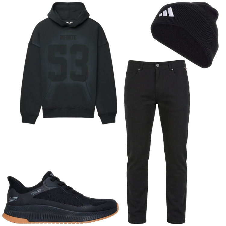 Outfit uomo - Total look #2486334. Stile Casual per Tutti i giorni. Abbinamento con pantaloni, felpe con cappuccio, berretti, sneakers.