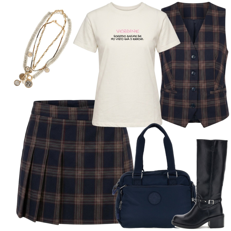 Outfit donna - Total look #2486337. Stile Chic per Tutti i giorni. Abbinamento con minigonne, t-shirt, gilet, collane, stivali, borse a tracolla.