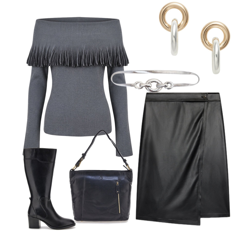 Outfit donna - Total look #2486342. Stile Chic per Tutti i giorni. Abbinamento con gonne longuette, orecchini, maglieria, cinture, stivali, borse a spalla.
