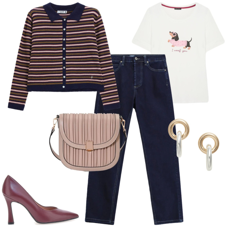 Outfit donna - Righine. Stile Casual chic per Tutti i giorni. Abbinamento con t-shirt, orecchini, jeans slim fit, cardigans, borse a tracolla, décolleté.