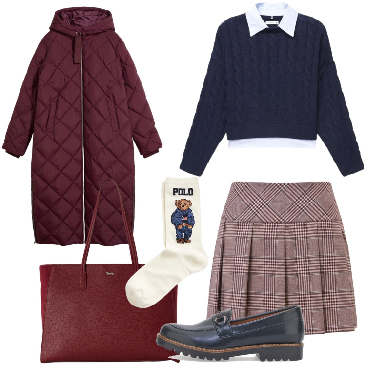 Outfit donna - Stile Preppy autunnale. Stile Preppy per Tutti i giorni. Abbinamento con shopping bag, calzini, minigonne, maglieria, mocassini, blazer.