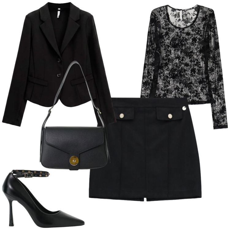 Outfit donna - City. Stile Chic per Tutti i giorni. Abbinamento con blazer, décolleté, borse a spalla, top, minigonne.