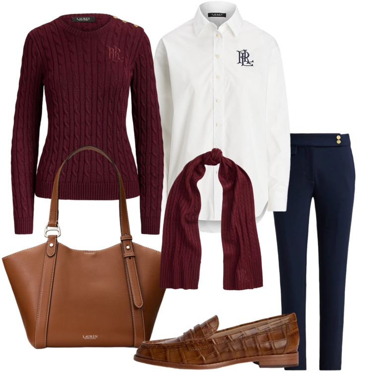 Outfit donna - Stile Preppy autunnale. Stile Preppy per Ufficio. Abbinamento con borse tote, camicie, pantaloni, maglieria, mocassini, sciarpe.