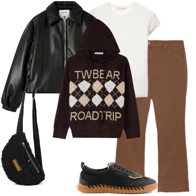 Outfit donna - Lunedi a scuola. Stile Casual per Scuola/Università. Abbinamento con pantaloni, bomber, t-shirt, felpe con cappuccio, marsupi, sneakers.