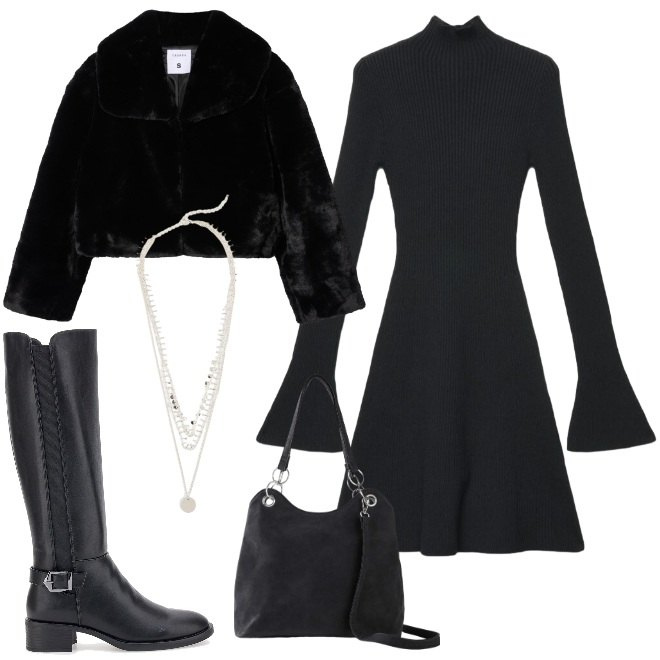 Outfit donna - Al cinema in total black. Stile Rock per Serata fuori. Abbinamento con ecopellicce, vestiti, stivali sopra il ginocchio, collane, borse a mano.