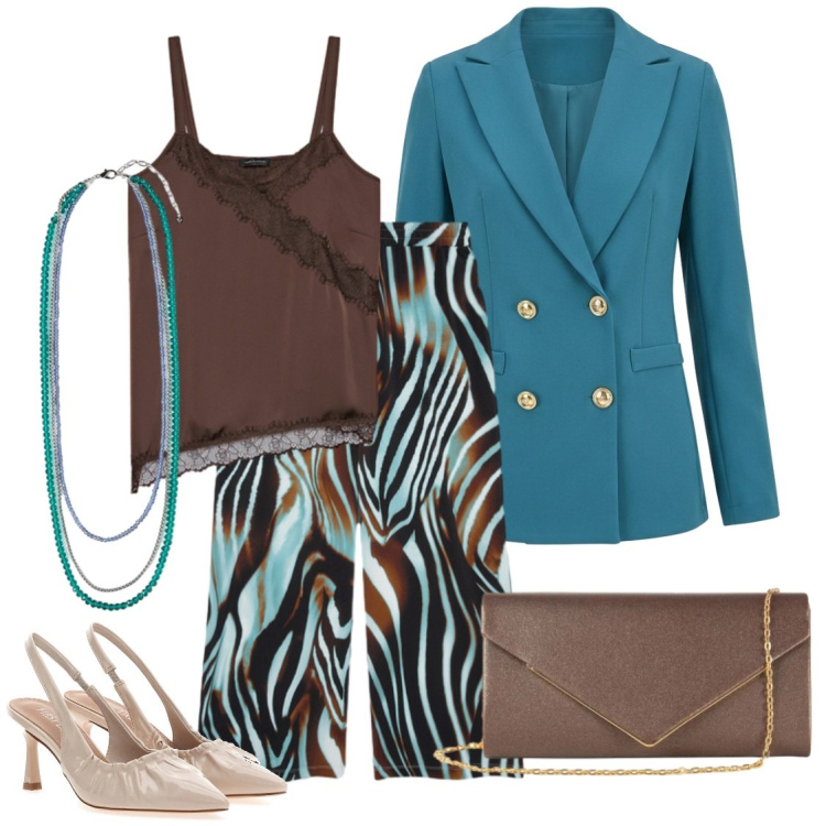 Outfit donna - Opere d arte in galleria. Stile Glamour per Serata fuori. Abbinamento con top, collane, pantaloni a palazzo, clutch, blazer, décolleté.