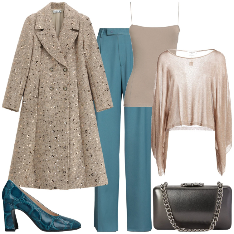 Outfit donna - Aperitivo in galleria. Stile Glamour per Serata fuori. Abbinamento con clutch, cappotti, décolleté, pantaloni, top, pullovers.