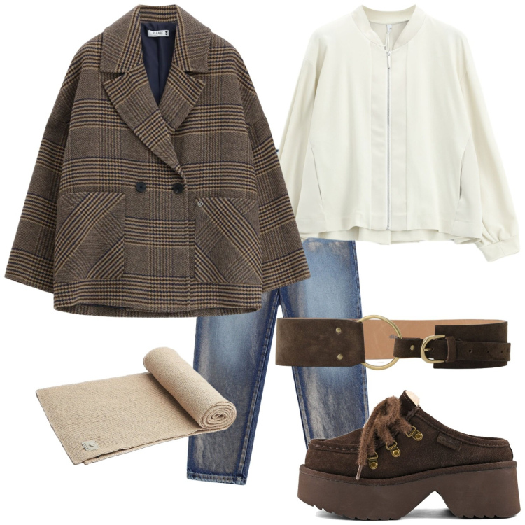 Outfit donna - Un espresso grazie. Stile Trendy per Tutti i giorni. Abbinamento con felpe, blazer, jeans, cinture, sciarpe, sabot.