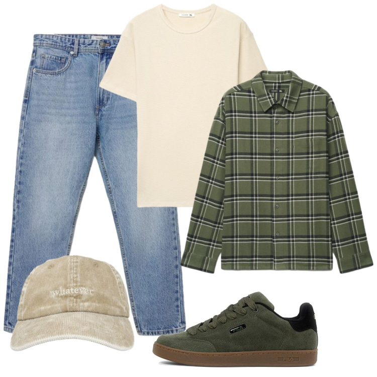 Outfit uomo - Mattina. Stile Casual per Tutti i giorni. Abbinamento con jeans, t-shirt, cappelli con visiera, camicie, sneakers.