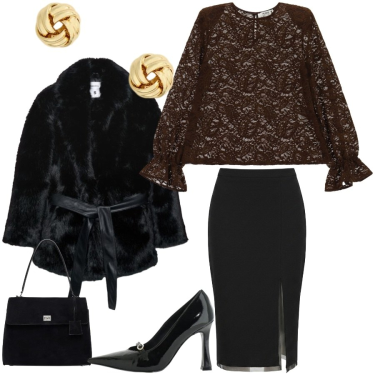 Outfit donna - serata elegante. Stile Glamour per Serata fuori. Abbinamento con décolleté, borse a mano, orecchini, bluse, gonne longuette, trench.