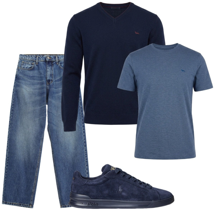 Outfit uomo - Blu di sera. Stile Trendy per Serata speciale. Abbinamento con t-shirt, maglieria, jeans, sneakers.