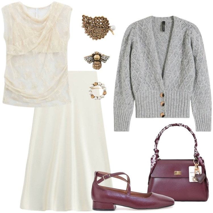 Outfit donna - Look romantico e avvolgente. Stile Romantica per Serata fuori. Abbinamento con cardigans, gonne longuette, top, accessori per capelli, borse a mano, ballerine.