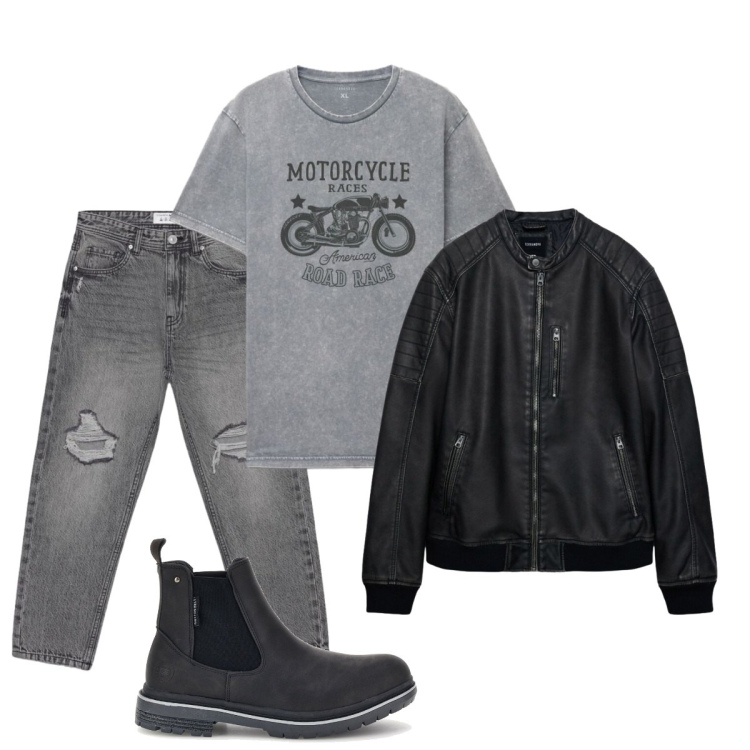 Outfit uomo - Motorcycle. Stile Biker Rock per Tutti i giorni. Abbinamento con jeans strappati, giacche, t-shirt, stivali e stivaletti.