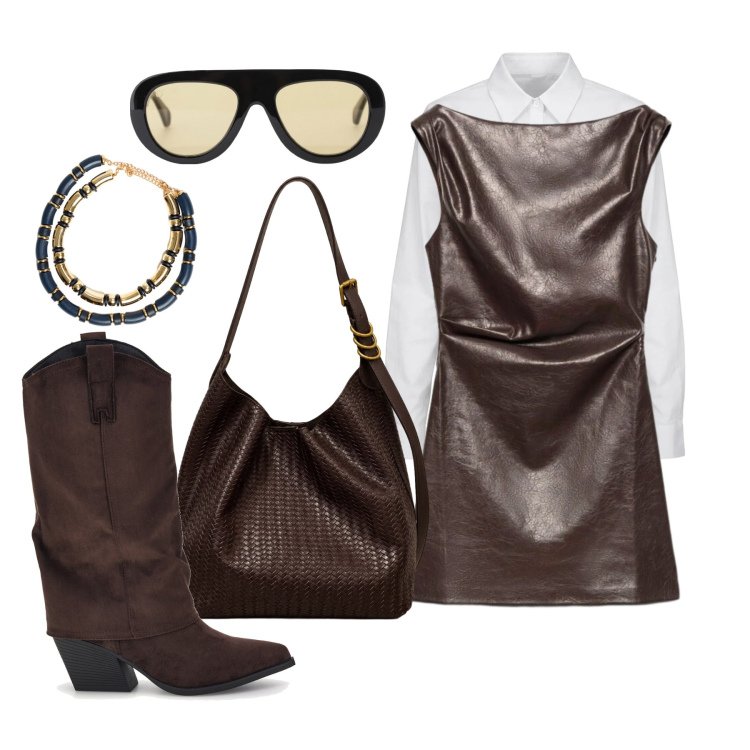 Outfit donna - Ottobre. Stile Trendy per Tutti i giorni. Abbinamento con occhiali da sole, borse a spalla, collane, camicie, vestiti a tubino, stivali.
