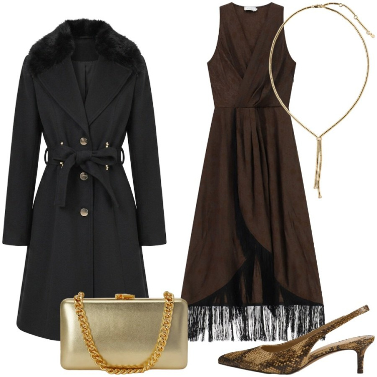Outfit donna - Total look #2486447. Stile Glamour per Serata fuori. Abbinamento con clutch, collane, décolleté, vestiti midi/longuette, cappotti.