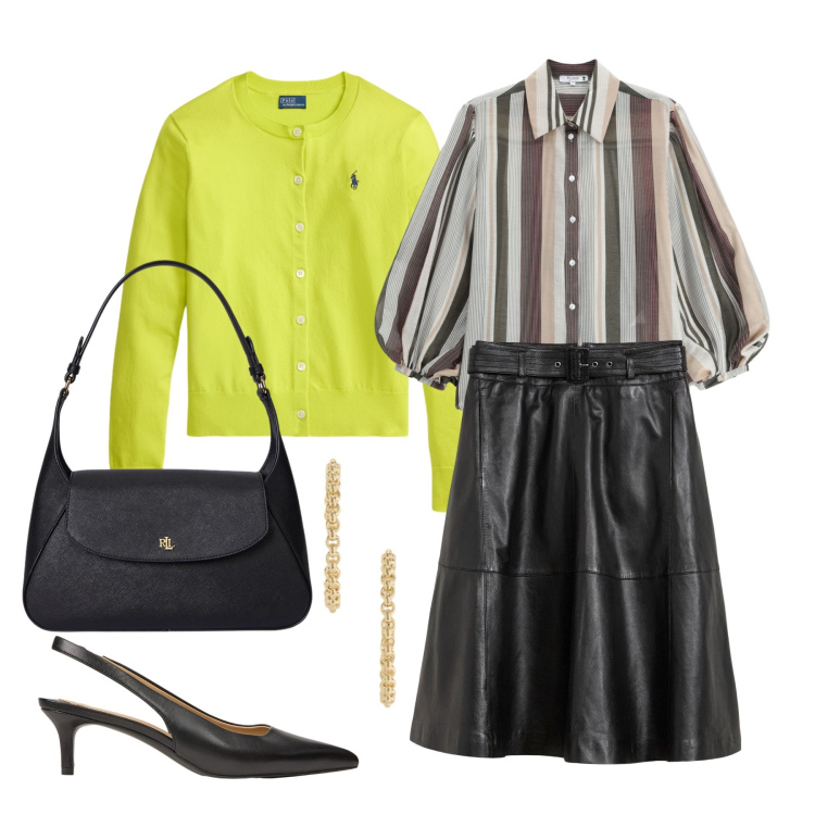 Outfit donna - Ottobre. Stile Casual chic per Tutti i giorni. Abbinamento con décolleté, cardigans, borse a spalla, orecchini, camicie, gonne.