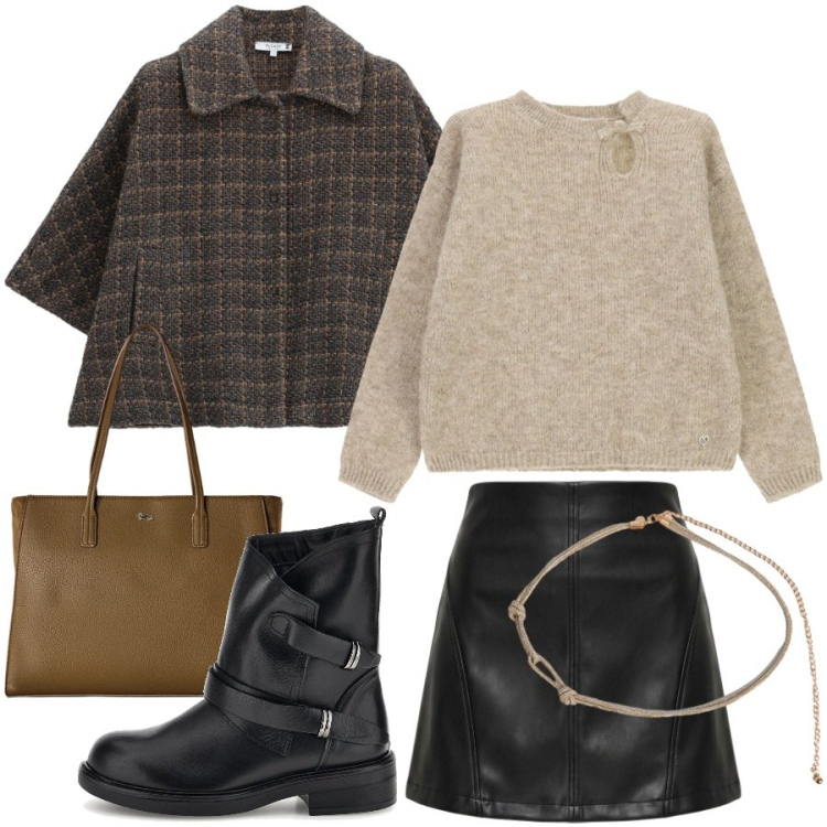 Outfit donna - City. Stile Urban per Tutti i giorni. Abbinamento con shopping bag, cinture, maglieria, cappotti, minigonne, stivaletti.