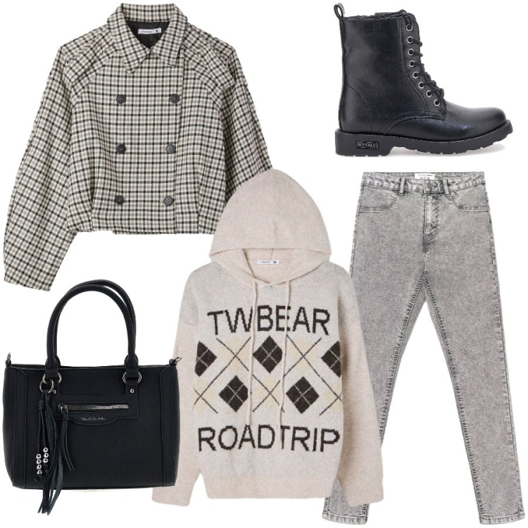 Outfit donna - Urban style. Stile Urban per Tutti i giorni. Abbinamento con caban, felpe con cappuccio, jeggings, anfibi, borse a mano.