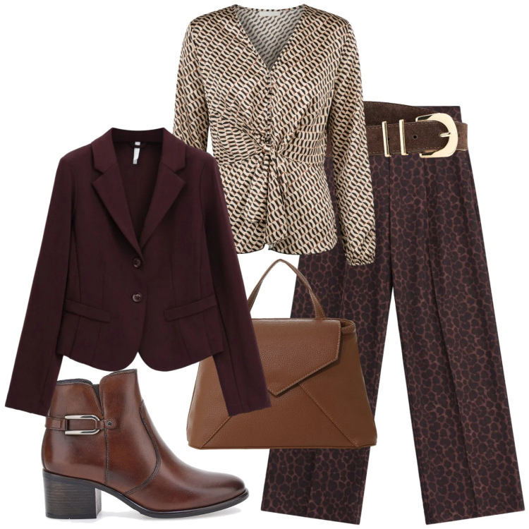 Outfit donna - Autunno. Stile Casual chic per Tutti i giorni. Abbinamento con pantaloni a palazzo, blazer, borse a mano, bluse, stivaletti, cinture.