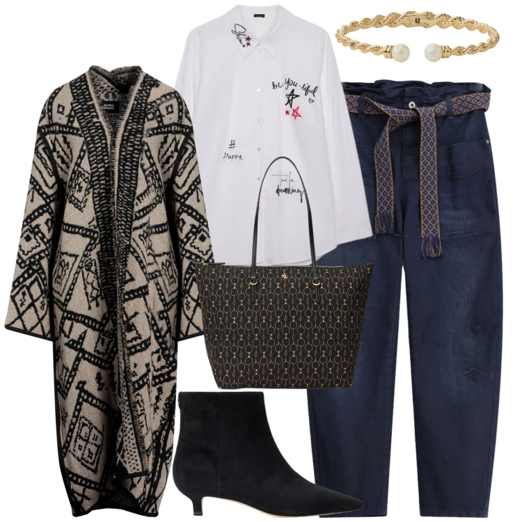 Outfit donna - Passeggio. Stile Casual per Tutti i giorni. Abbinamento con camicie, stivaletti, braccialetti, borse tote, jeans slim fit, cardigans.