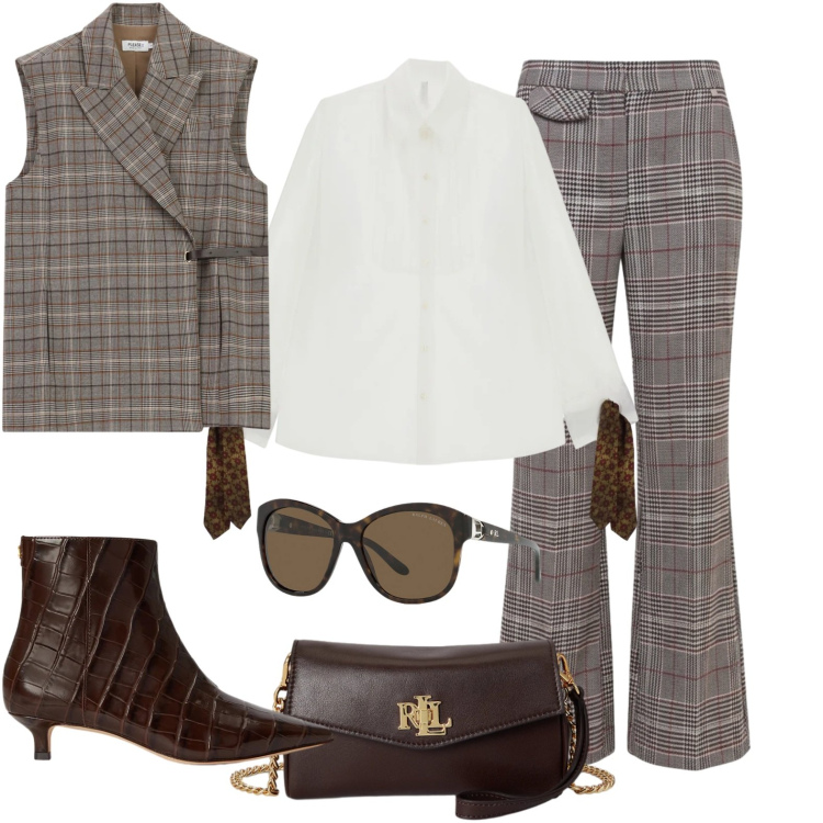 Outfit donna - Con gilet. Stile Casual chic per Tutti i giorni. Abbinamento con camicie, stivaletti, occhiali da sole, portafogli, gilet, pantaloni.