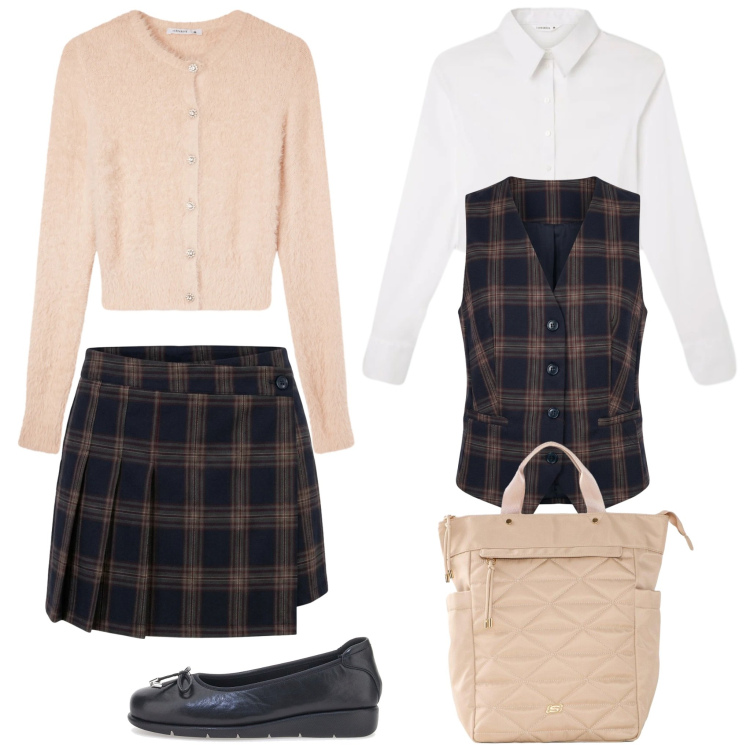 Outfit donna - Preppy tra i banchi di scuola. Stile Preppy per Scuola/Università. Abbinamento con minigonne, gilet, cardigans, camicie, zaini, ballerine.