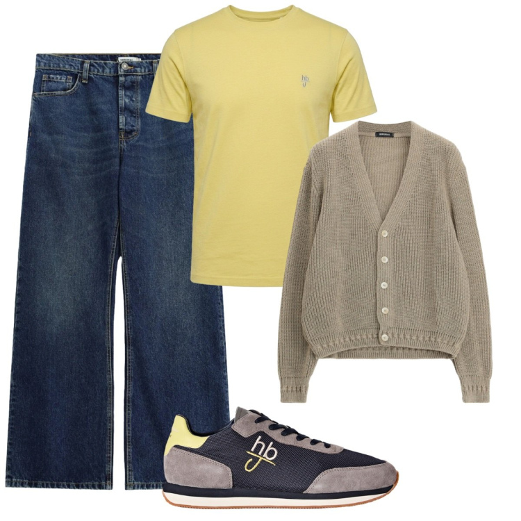 Outfit uomo - T-shirt giallo burro. Stile Trendy per Tutti i giorni. Abbinamento con sneakers, t-shirt, cardigans, jeans.