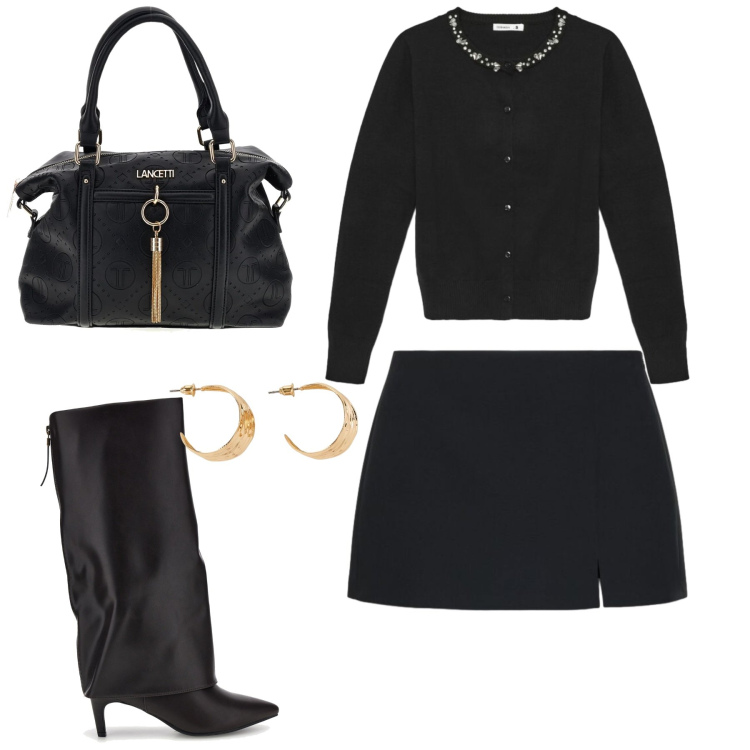 Outfit donna - Minimalista in città. Stile Urban per Tutti i giorni. Abbinamento con cardigans, minigonne, orecchini, borse a mano, stivali.