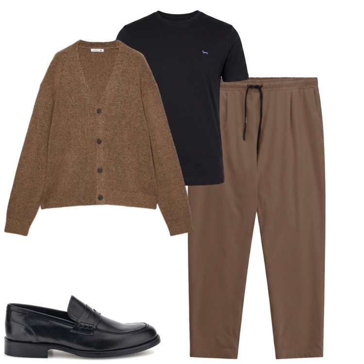 Outfit uomo - Ottoobre. Stile Urban per Tutti i giorni. Abbinamento con t-shirt, pantaloni, cardigans, scarpe stringate.