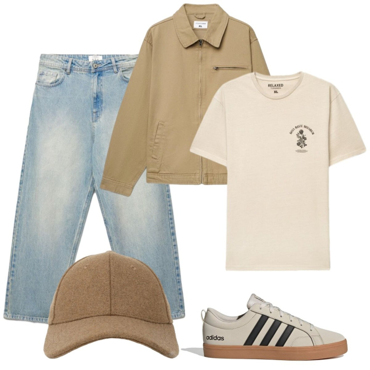 Outfit uomo - Mattina. Stile Trendy per Tutti i giorni. Abbinamento con cappotti, t-shirt, cappelli con visiera, jeans, sneakers.
