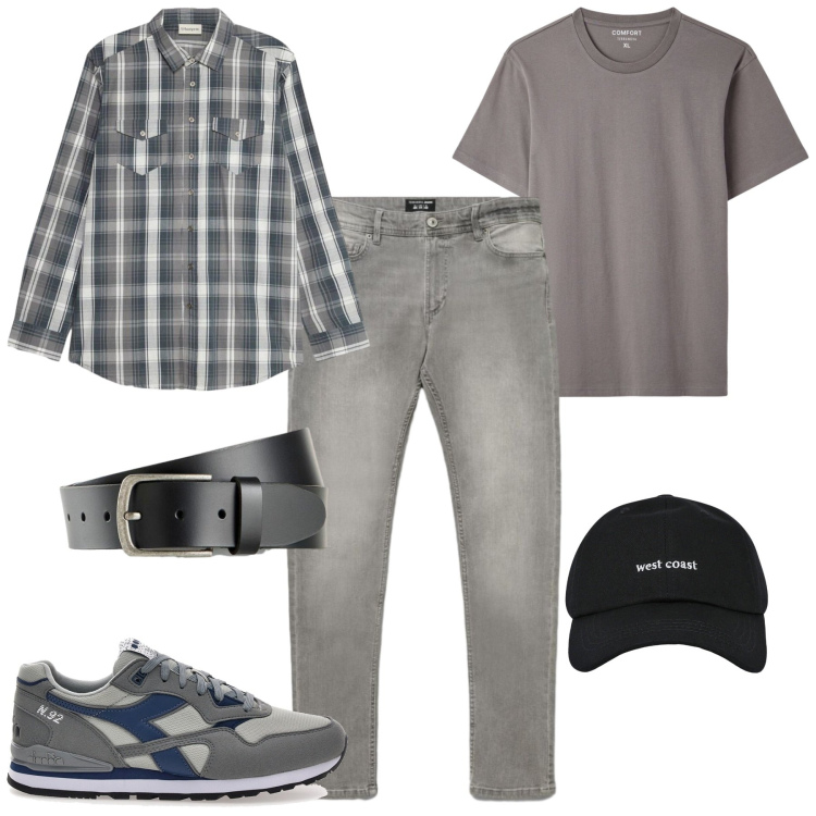 Outfit uomo - Ottobre. Stile Casual per Tutti i giorni. Abbinamento con cappelli con visiera, jeans skinny, t-shirt, sneakers, cinture, camicie.